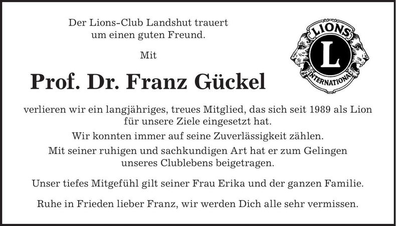 Traueranzeige Franz Prof. Dr. Gückel