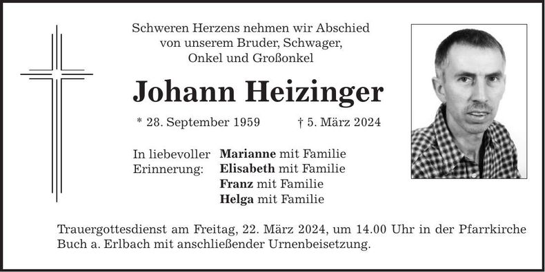 Traueranzeige Johann Heizinger