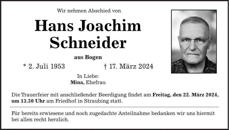Traueranzeige Hans Joachim Schneider