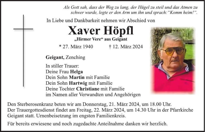Traueranzeige Xaver Höpfl