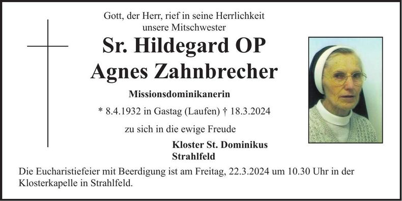 Traueranzeige Sr. Agnes Zahnbrecher