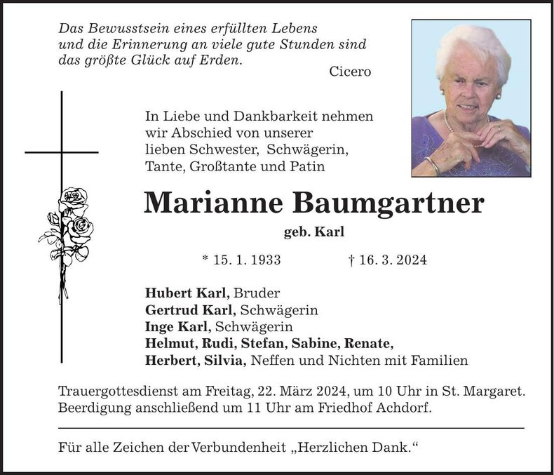 Traueranzeige Marianne Baumgartner