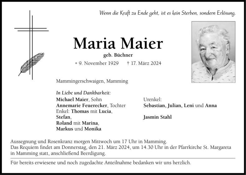 Traueranzeige Maria Maier