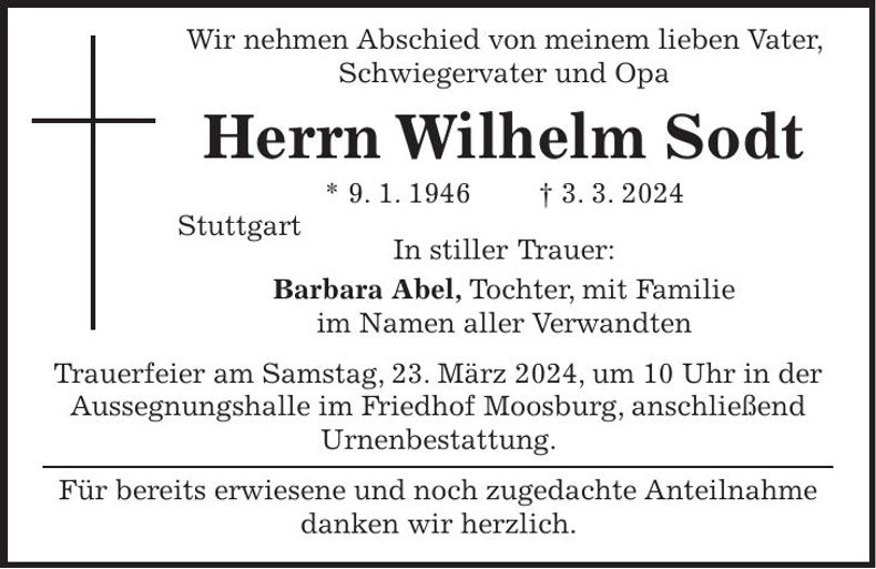 Traueranzeige Wilhelm Sodt