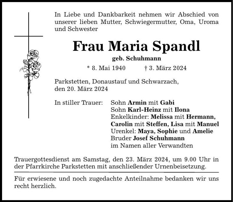 Traueranzeige Maria Spandl
