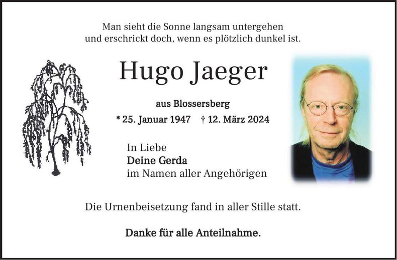 Traueranzeige Jäger Hugo