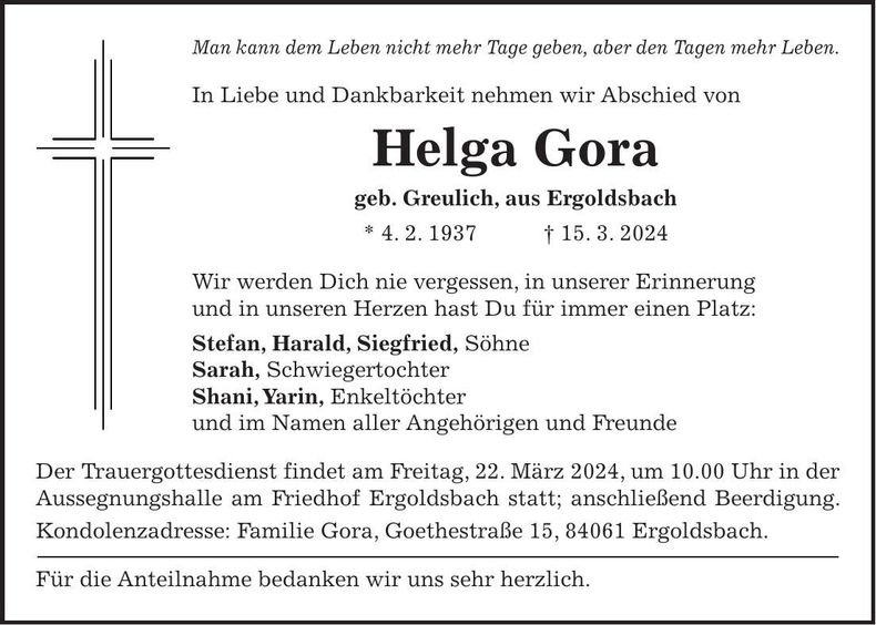 Traueranzeige Helga Gora