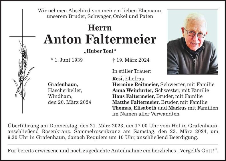 Traueranzeige Anton Faltermeier