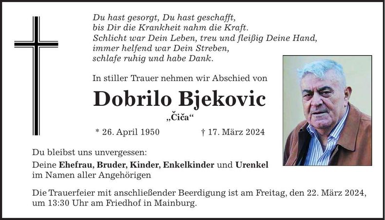 Traueranzeige Dobrilo Bjekovic
