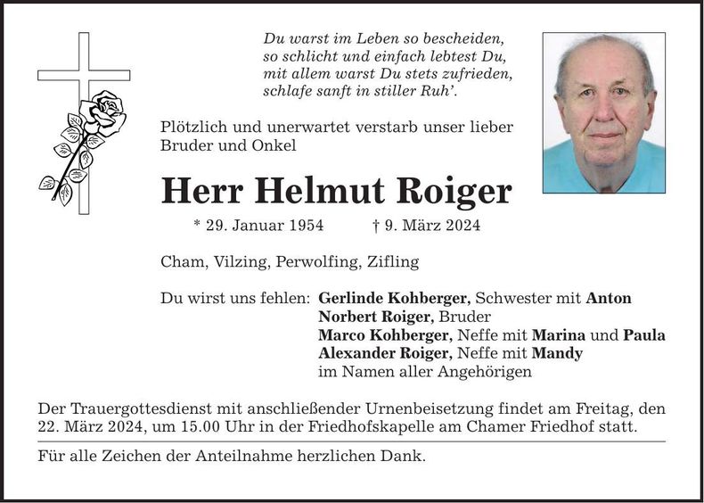 Traueranzeige Helmut Roiger