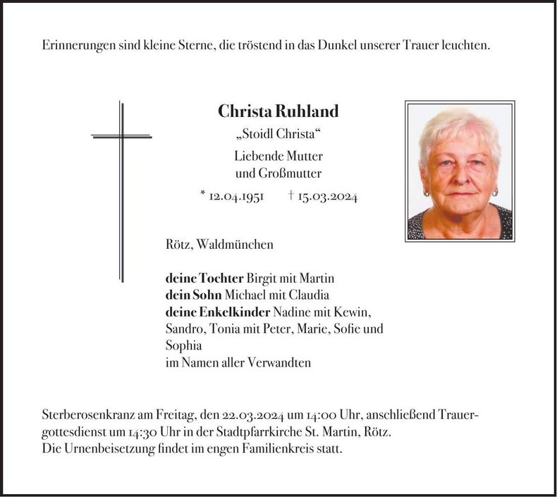 Traueranzeige Christa Ruhland