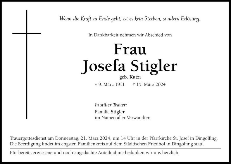 Traueranzeige Josefa Stigler