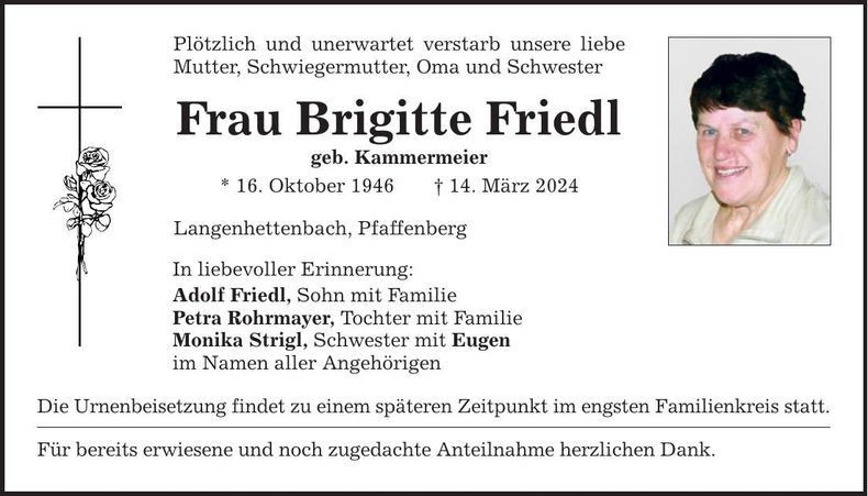 Traueranzeige Brigitte Friedl