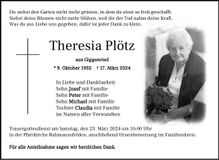 Traueranzeige Theresia Plötz