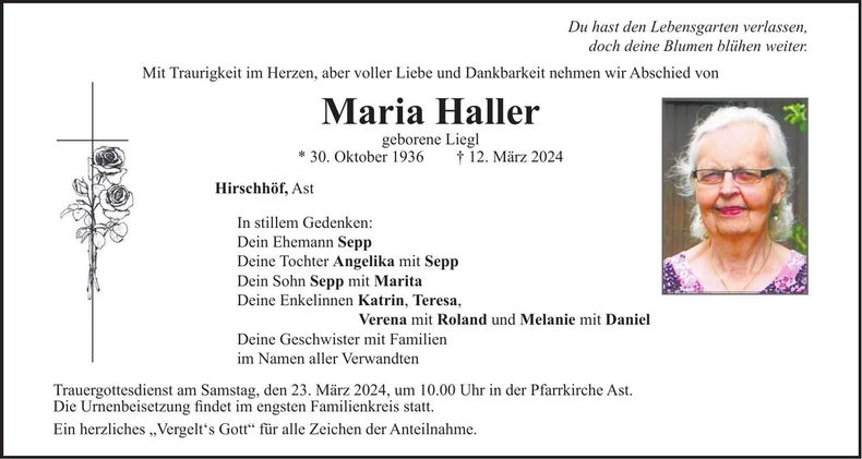 Traueranzeige Maria Haller