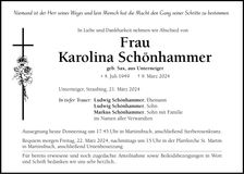 Traueranzeige Karolina Schönhammer