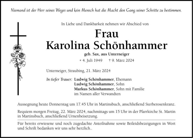 Traueranzeige Karolina Schönhammer