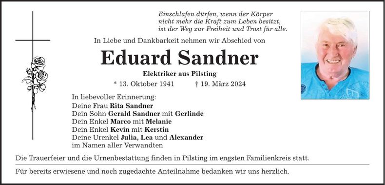 Traueranzeige Eduard Sandner