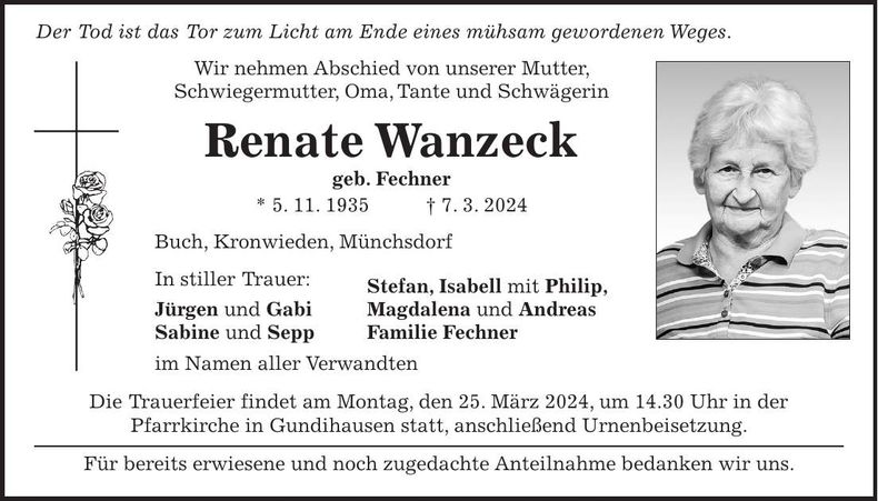Traueranzeige Renate Wanzeck