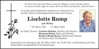 Traueranzeige Liselotte Rump