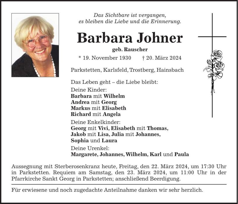 Traueranzeige Barbara Johner