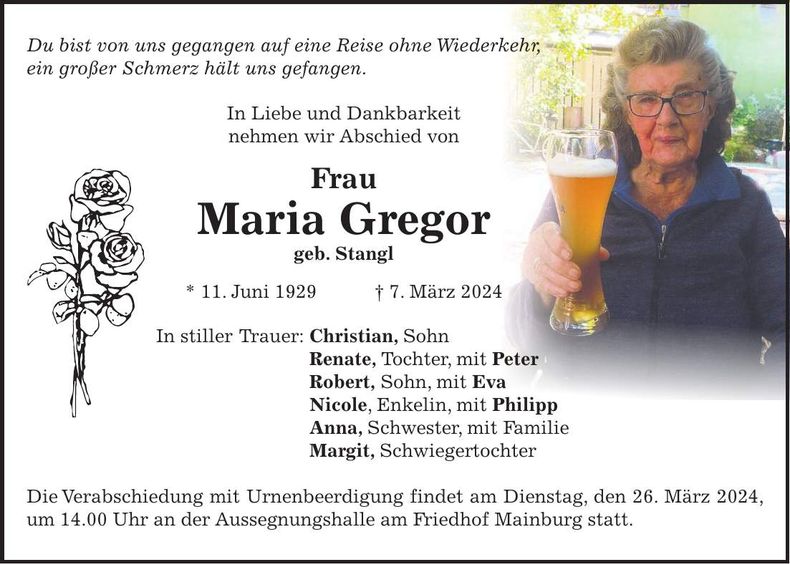 Traueranzeige Maria Gregor
