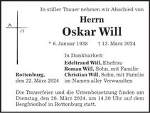 Traueranzeige Oskar Will