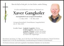 Traueranzeige Xaver Gangkofer