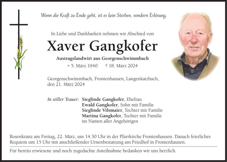 Traueranzeige Xaver Gangkofer