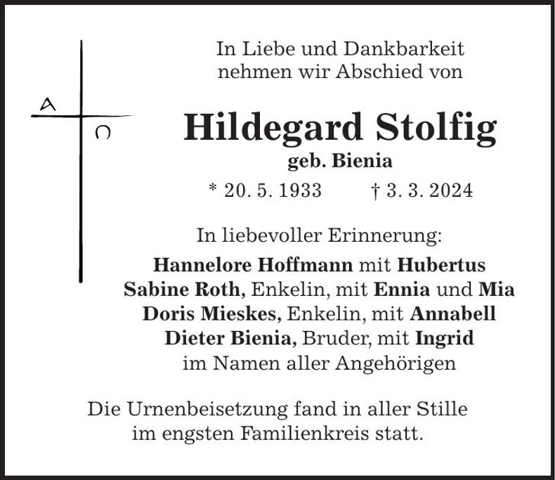 Traueranzeige Hildegard Stolfig