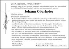 Traueranzeige Johann Oberhofer