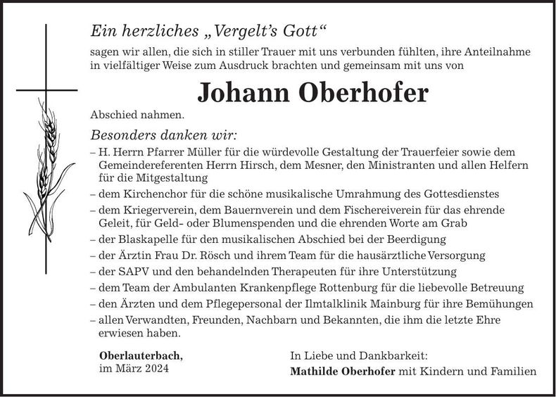 Traueranzeige Johann Oberhofer