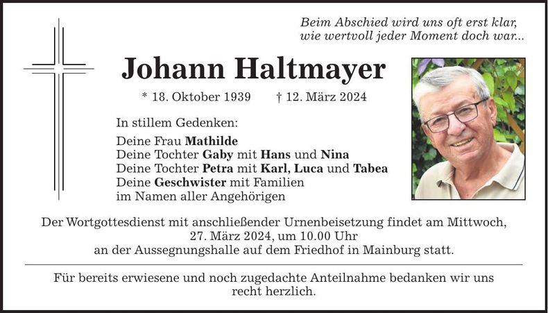 Traueranzeige Johann Haltmayer