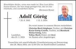 Traueranzeige Adolf Görög