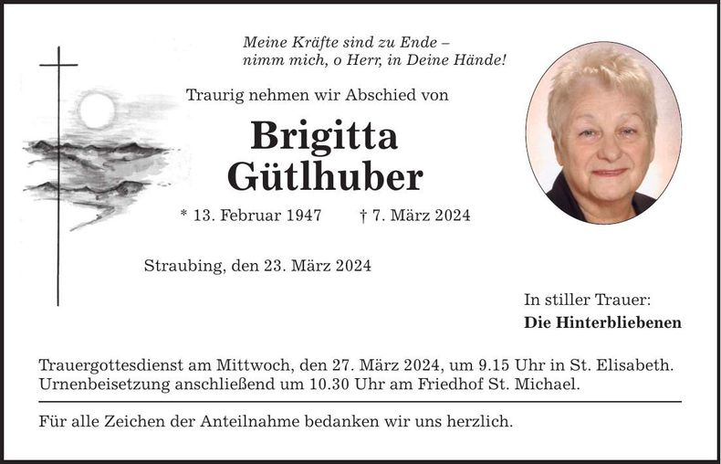 Traueranzeige Brigitta Gütlhuber