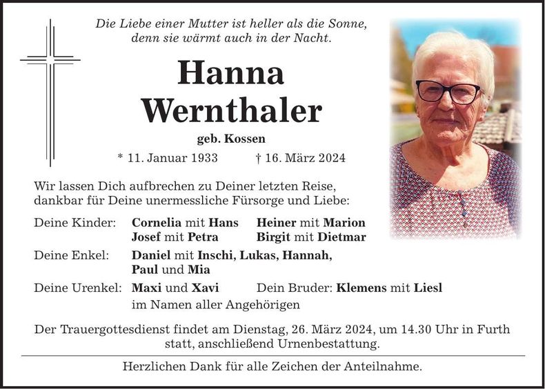 Traueranzeige Hanna Wernthaler