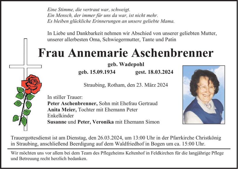 Traueranzeige Annemarie Aschenbrenner