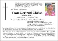 Traueranzeige Gertrud Christ