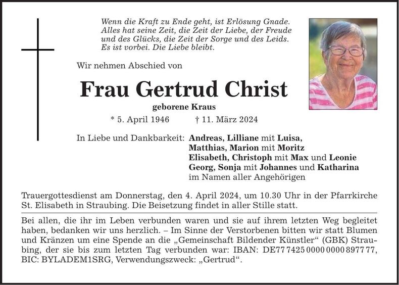 Traueranzeige Gertrud Christ