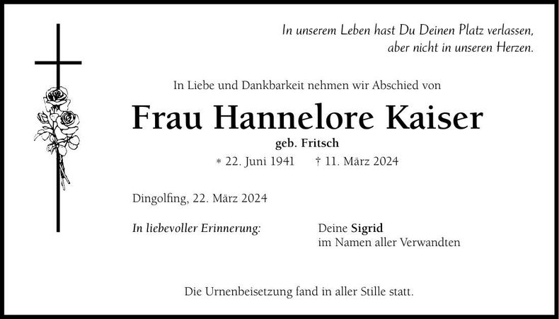 Traueranzeige Hannelore Kaiser