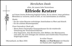 Traueranzeige Elfriede Kratzer