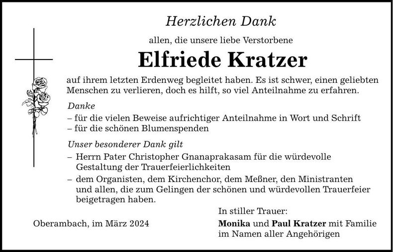 Traueranzeige Elfriede Kratzer