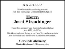 Traueranzeige Josef Straubinger