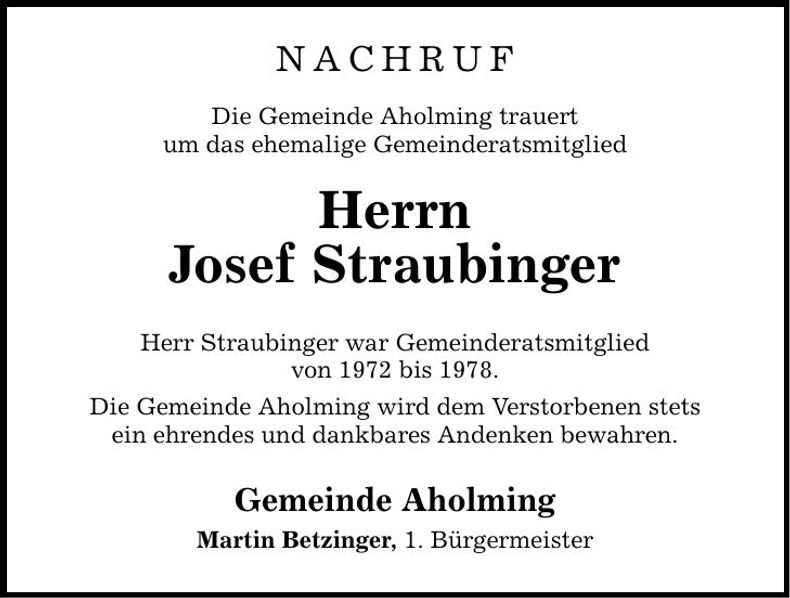 Traueranzeige Josef Straubinger