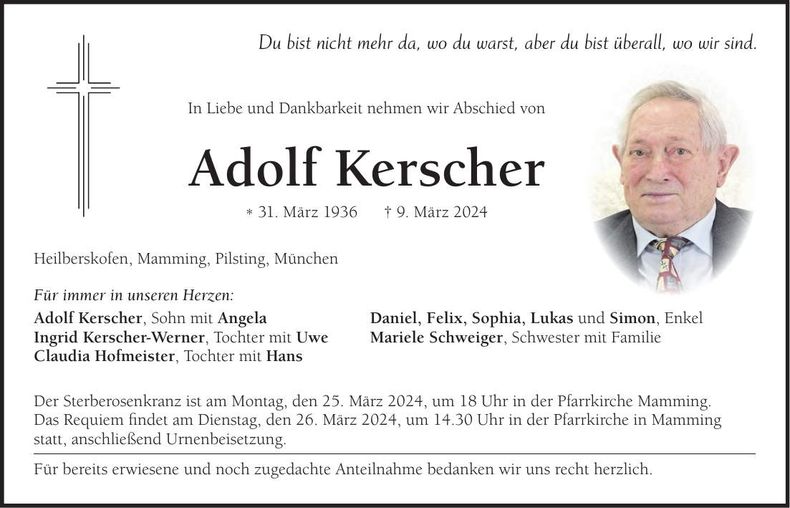 Traueranzeige Adolf Kerscher