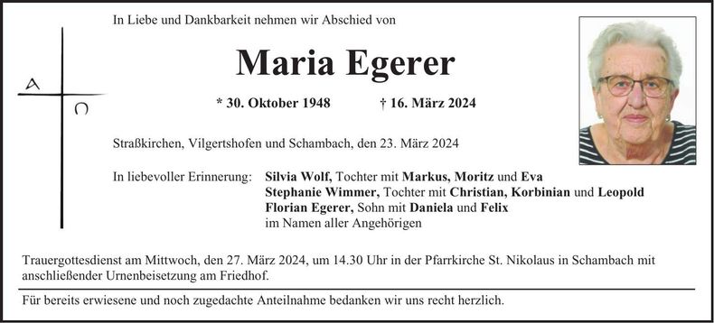 Traueranzeige Maria Egerer