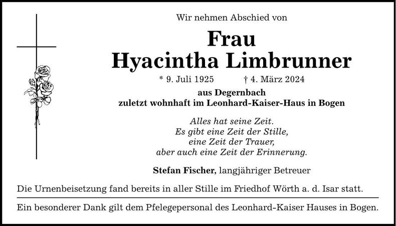 Traueranzeige Hyacintha Limbrunner