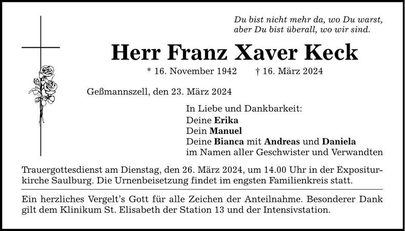 Traueranzeige Franz Xaver Keck