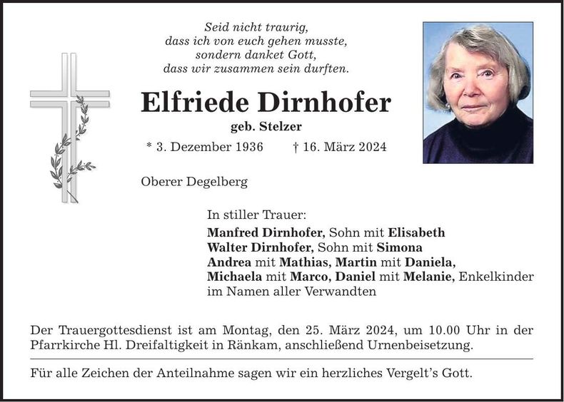 Traueranzeige Elfriede Dirnhofer