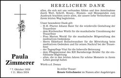 Traueranzeige Paula Zimmerer